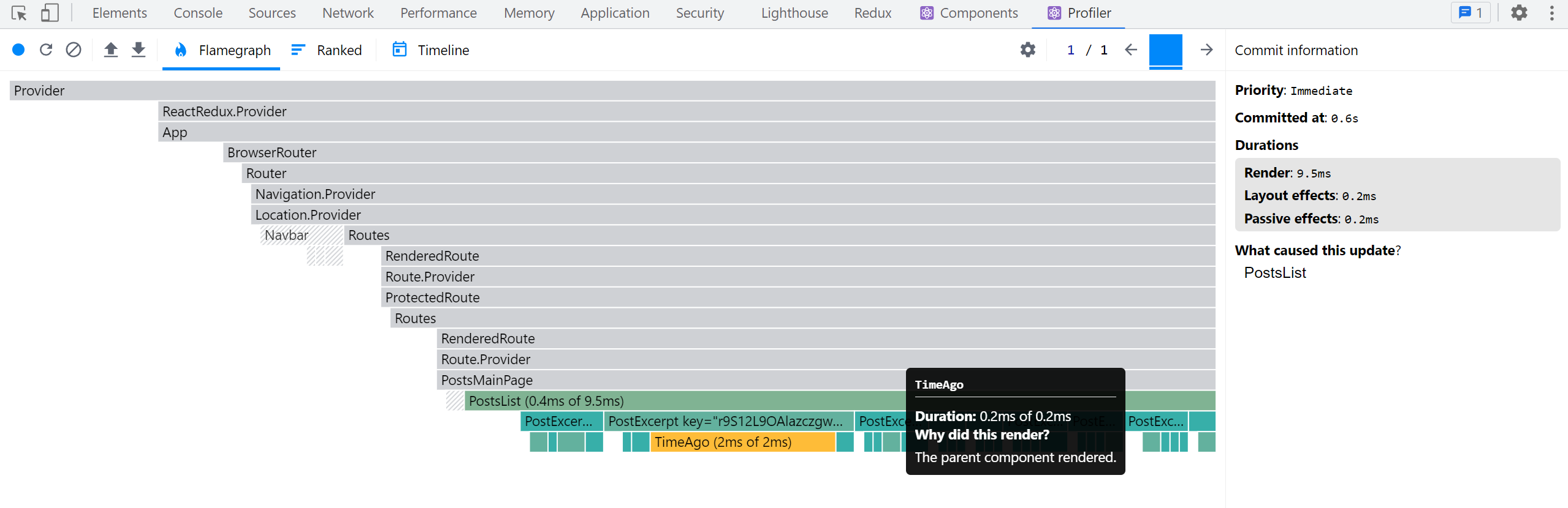 React DevTools Profiler render capture - &lt;PostsList&gt;